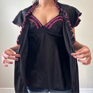 Milkmaid Whimsygoth Pink Black Slip Ruffle Satin Lingerie Grunge Sexy Set -Small